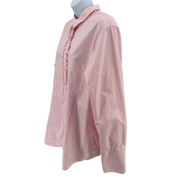 Lands' End Shirt SZ 20W Button Up Long Sleeve Pink White Striped Ruffled Placket - Picture 3 of 4